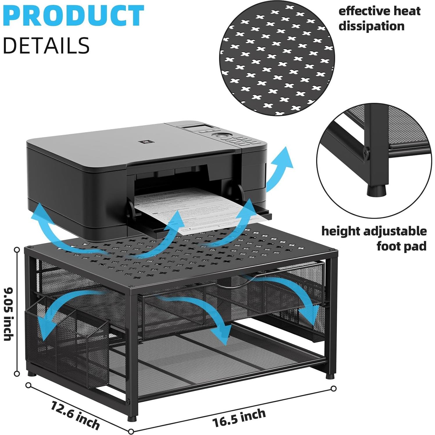 Soporte de impresora Marbrasse de metal con cajón y organizador
