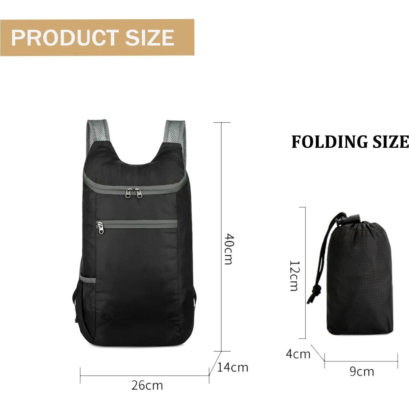Mochila Plegable 20L Resistente al Agua para Viaje Negro