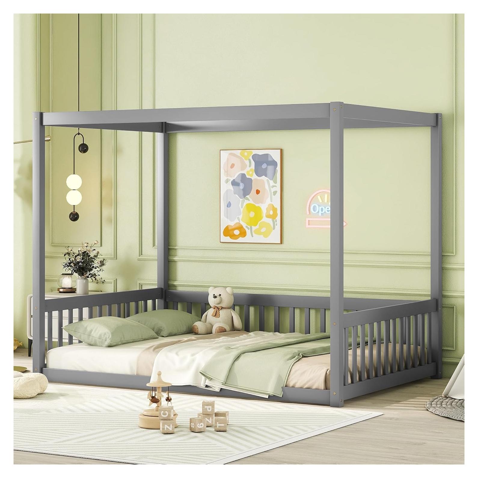 Cama de Piso con Dosel Completo Bellemave Gris con Barandillas
