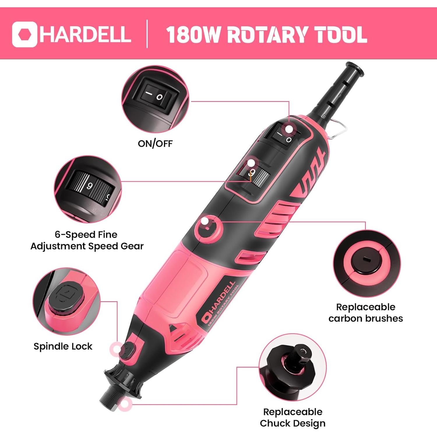 Herramienta Rotativa HARDELL 180W Rosa 61 Accesorios 8000-35000RPM