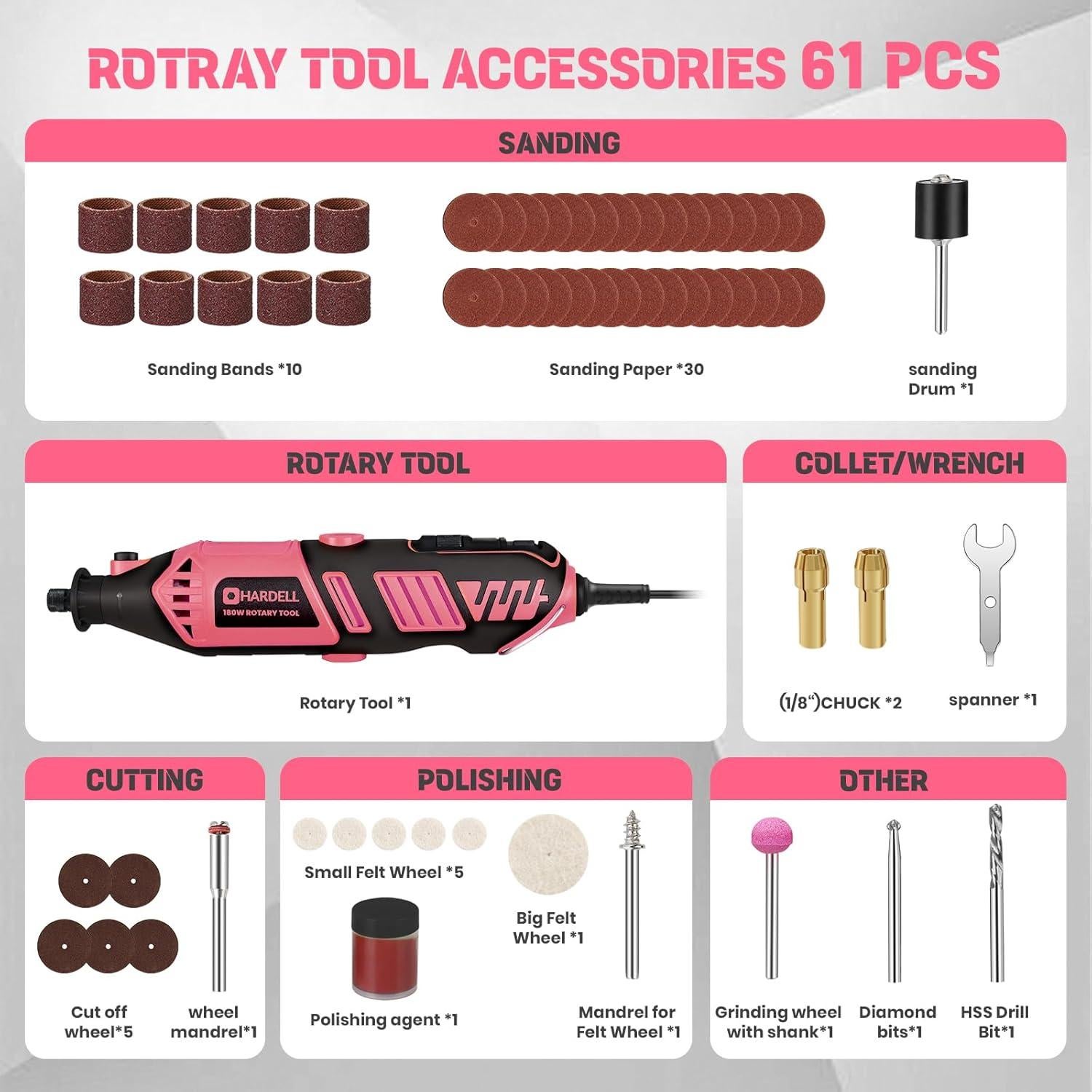 Herramienta Rotativa HARDELL 180W Rosa 61 Accesorios 8000-35000RPM