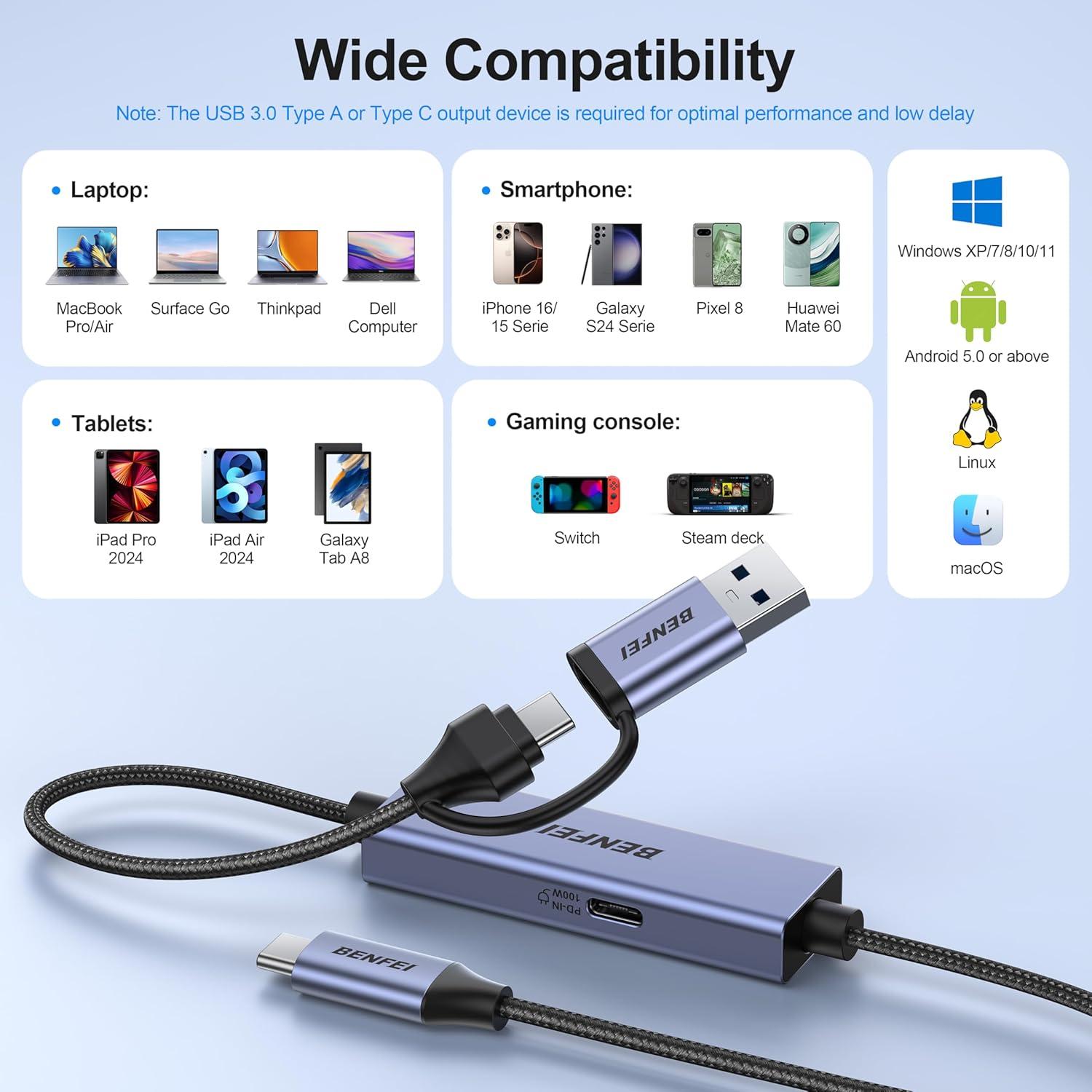 Tarjeta de Captura de Video BENFEI USB-C 1080P 60FPS para Streaming