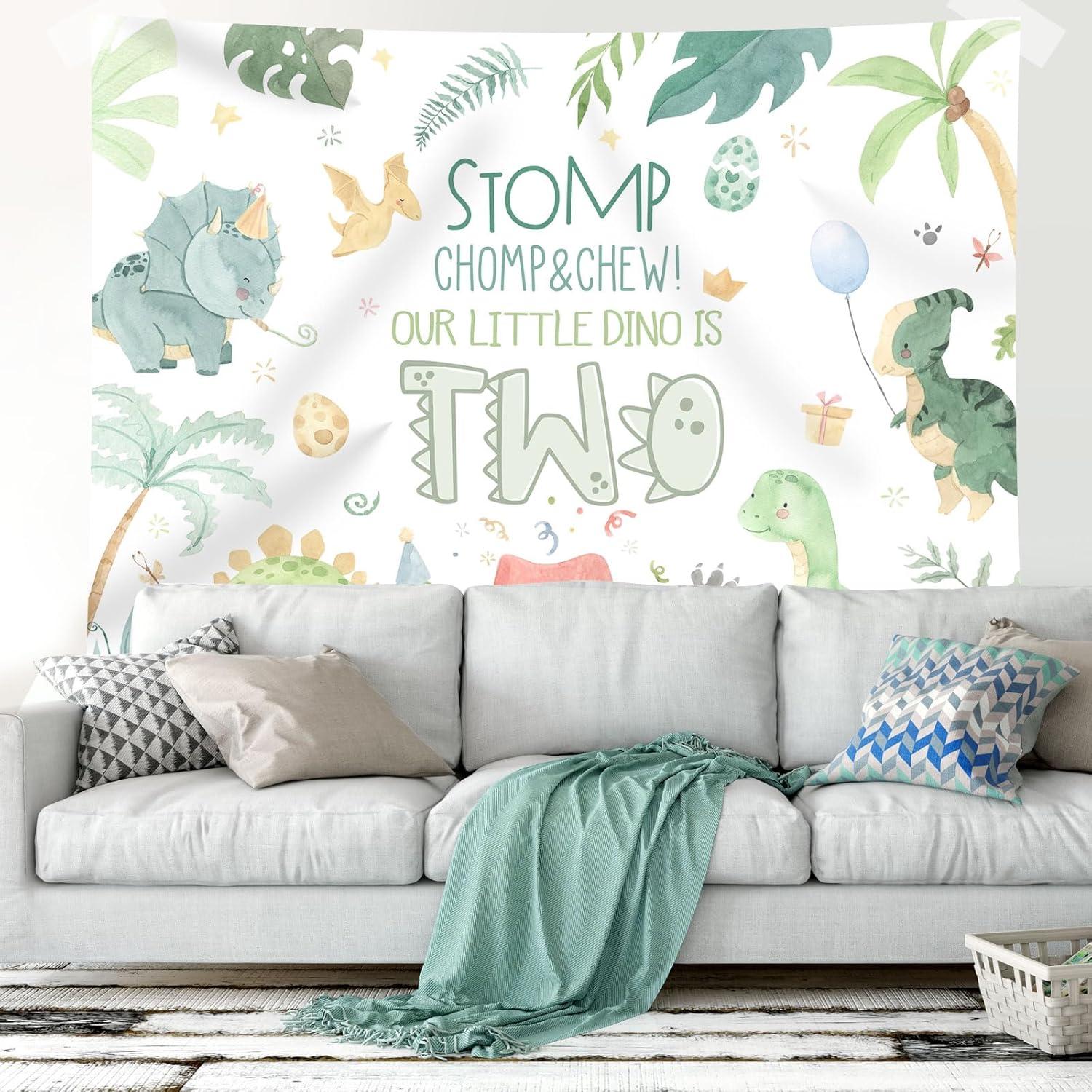 Fondo de Cumpleaños Dinosaurio Rsuuinu 2.13x1.52m Tela Verde