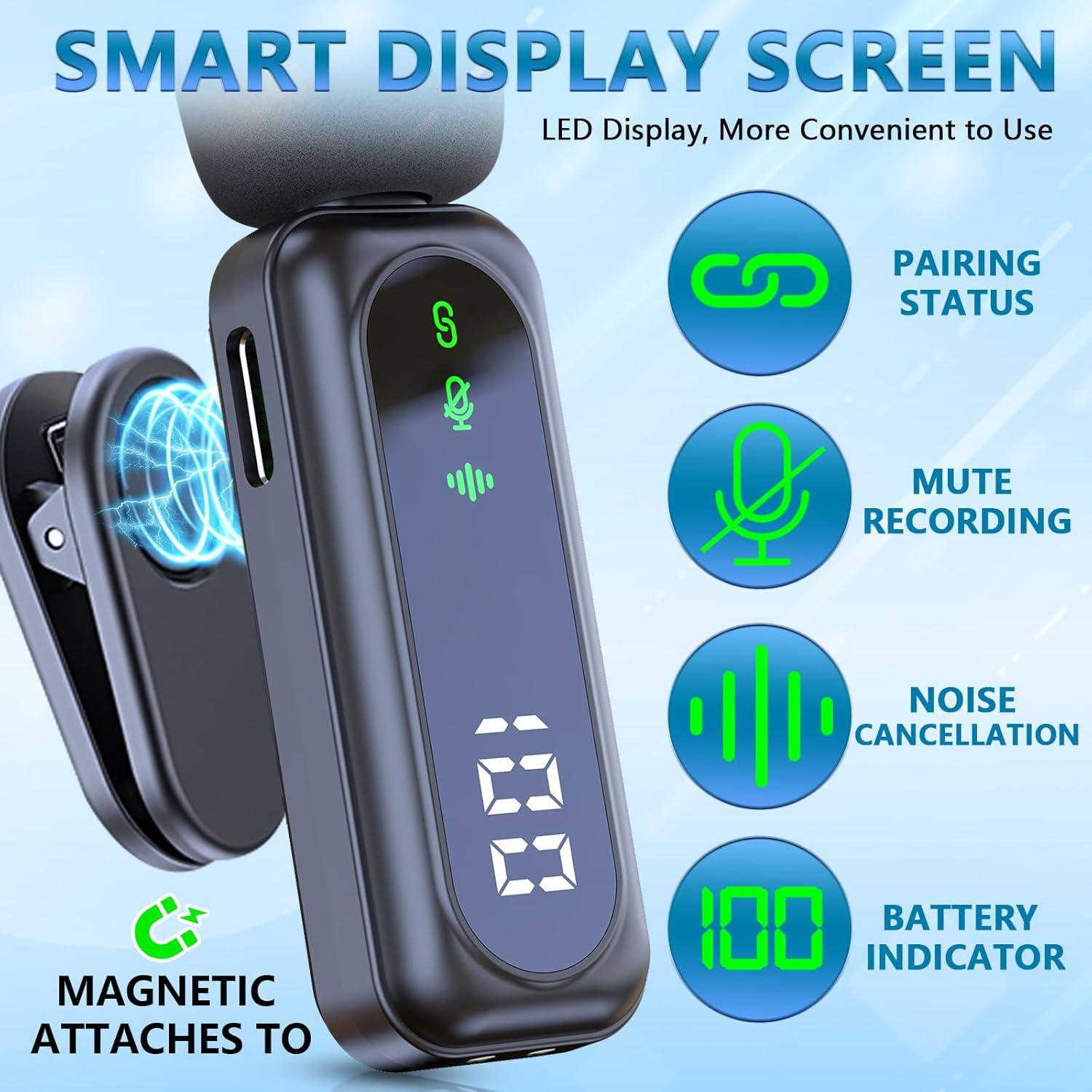 Micrófono Inalámbrico Lavalier 2 Paquetes con Pantalla LED