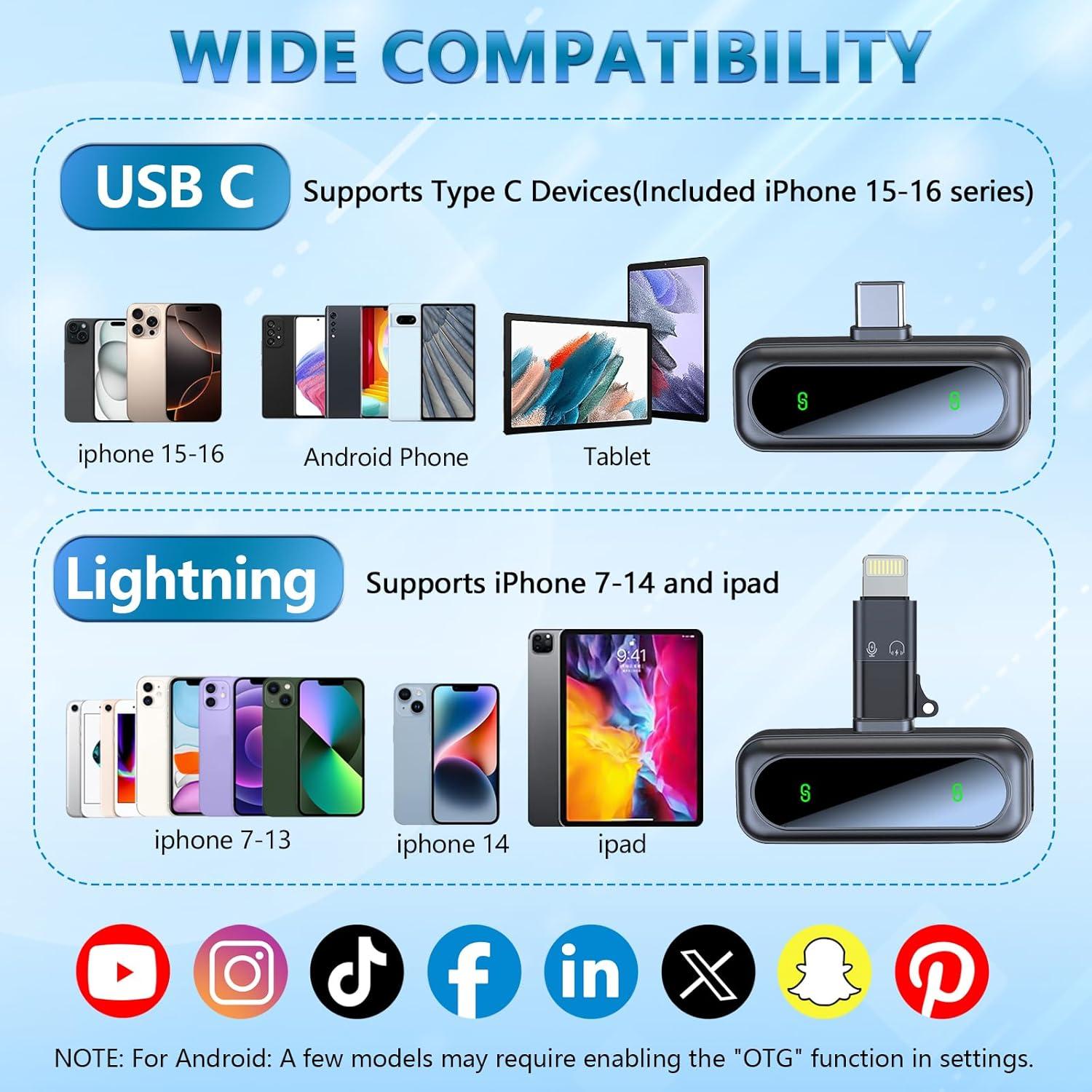 Micrófono Inalámbrico Lavalier 2 Paquetes con Pantalla LED