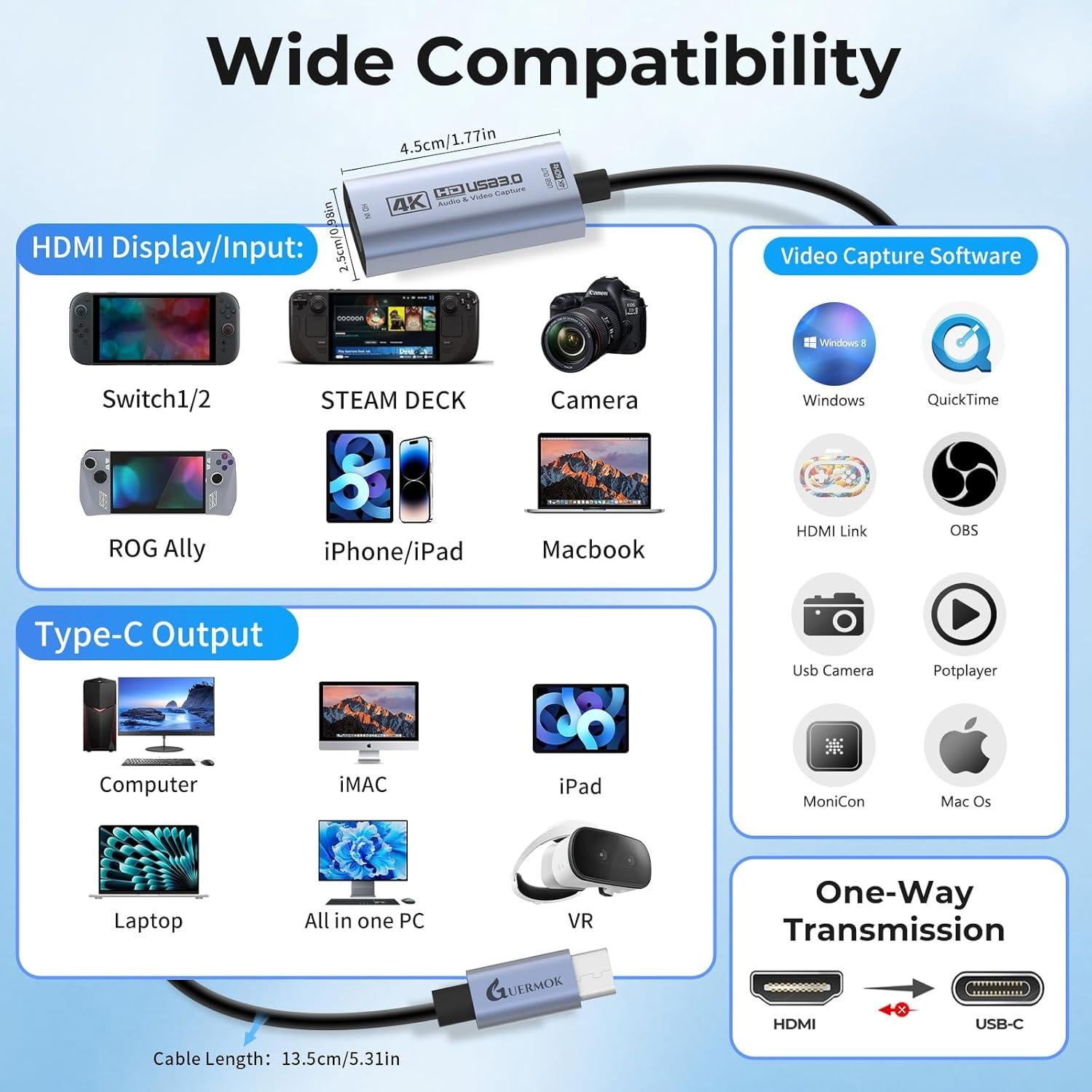 Tarjeta de Captura HDMI 4K Guermok 60FPS USB 3.0 Plata