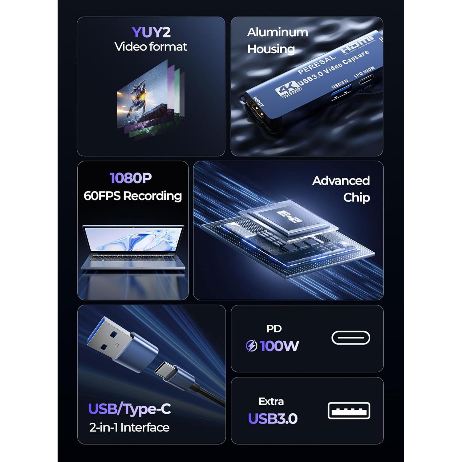 Tarjeta de Captura de Video 4K PERESAL C1-2 USB 3.0 HDMI