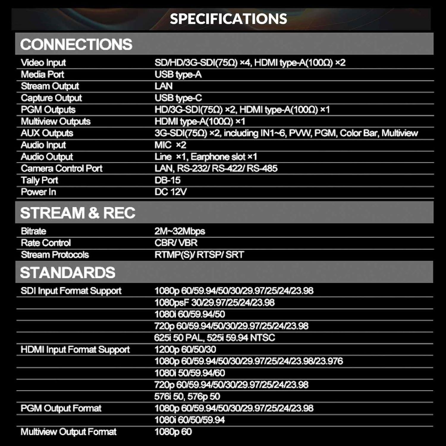 Mezclador de Video AVMATRIX Shark S6 6CH HDMI/SDI 2.44kg