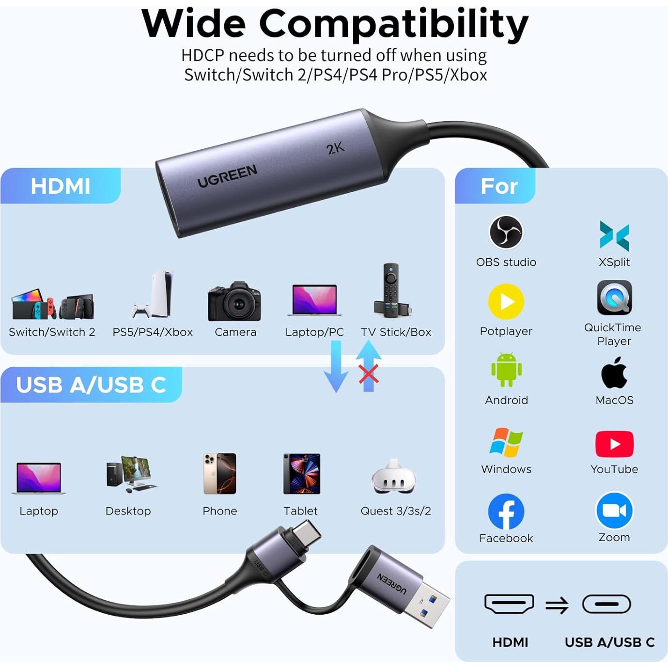 Tarjeta de Captura de Video UGREEN 2K 30FPS USB 3.0 con Cable Micro HDMI