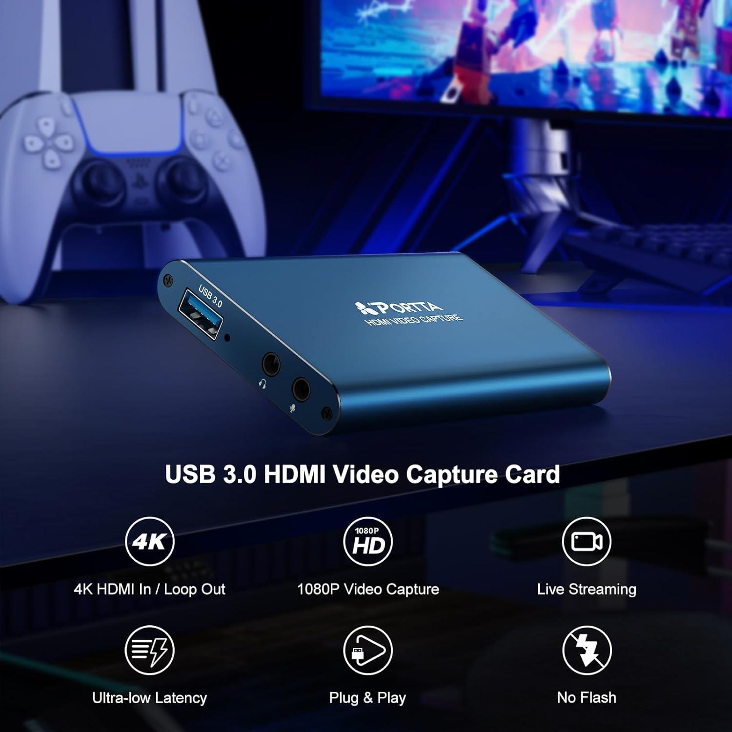 PORTTA HDMI Video Capture Card, Stream and Record in 1080P60 with Ultra-Low Latency, 4K HDMI in/Loop Out, USB 3.0 to PC Compatible with Camcorder/PS4/PS5/Xbox/Nintendo Switch 2/OBS, Midnight