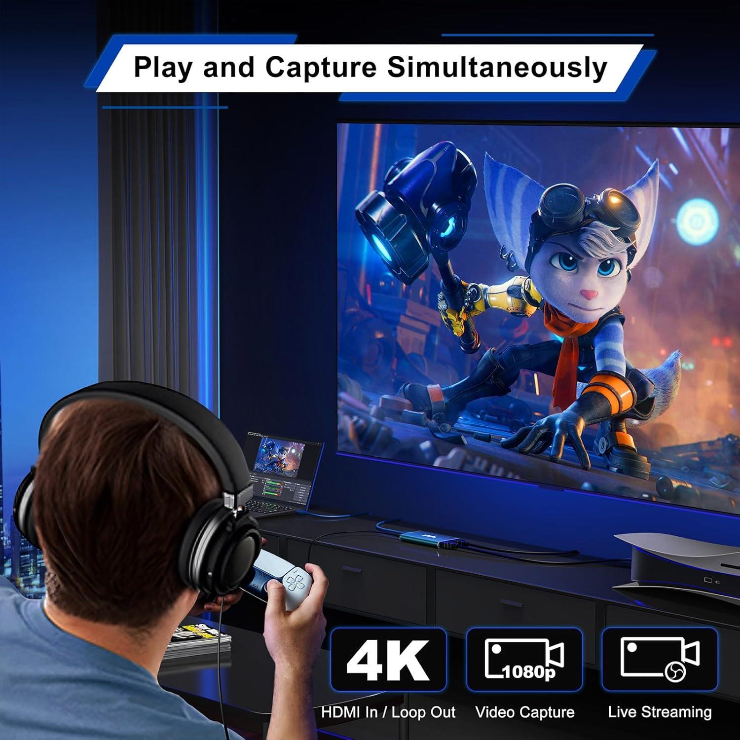 PORTTA HDMI Video Capture Card, Stream and Record in 1080P60 with Ultra-Low Latency, 4K HDMI in/Loop Out, USB 3.0 to PC Compatible with Camcorder/PS4/PS5/Xbox/Nintendo Switch 2/OBS, Midnight