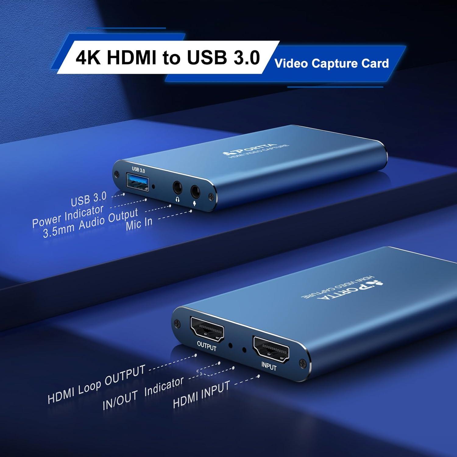 PORTTA HDMI Video Capture Card, Stream and Record in 1080P60 with Ultra-Low Latency, 4K HDMI in/Loop Out, USB 3.0 to PC Compatible with Camcorder/PS4/PS5/Xbox/Nintendo Switch 2/OBS, Midnight