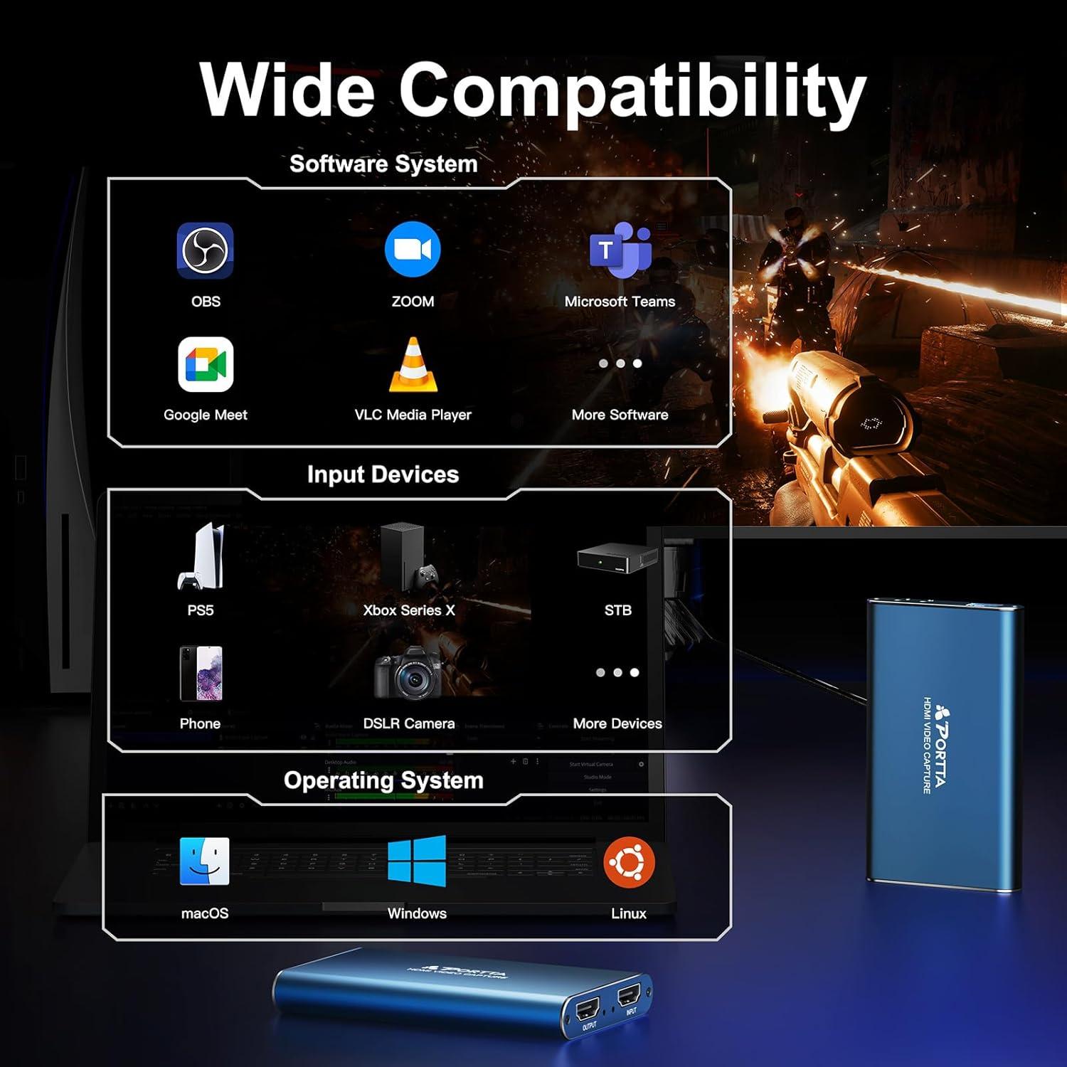 PORTTA HDMI Video Capture Card, Stream and Record in 1080P60 with Ultra-Low Latency, 4K HDMI in/Loop Out, USB 3.0 to PC Compatible with Camcorder/PS4/PS5/Xbox/Nintendo Switch 2/OBS, Midnight