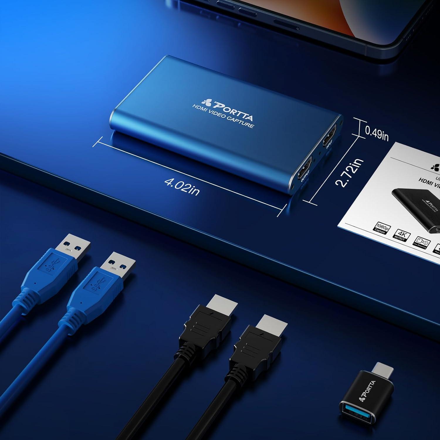 PORTTA HDMI Video Capture Card, Stream and Record in 1080P60 with Ultra-Low Latency, 4K HDMI in/Loop Out, USB 3.0 to PC Compatible with Camcorder/PS4/PS5/Xbox/Nintendo Switch 2/OBS, Midnight