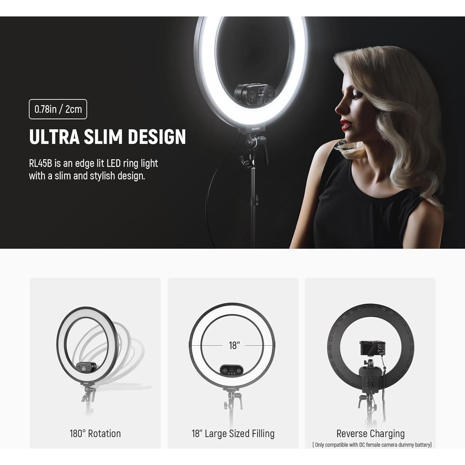 Luz de Anillo LED NEEWER RL45B 45W 18" Bi Color con Soporte