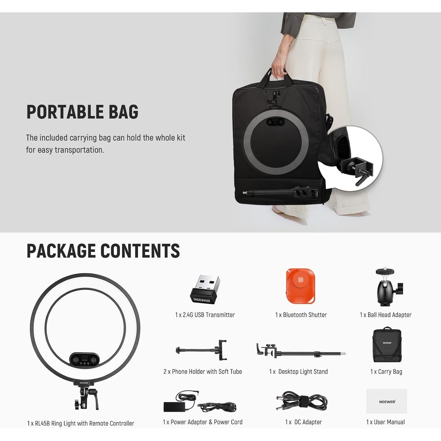 Luz de Anillo LED NEEWER RL45B 45W 18" Bi Color con Soporte