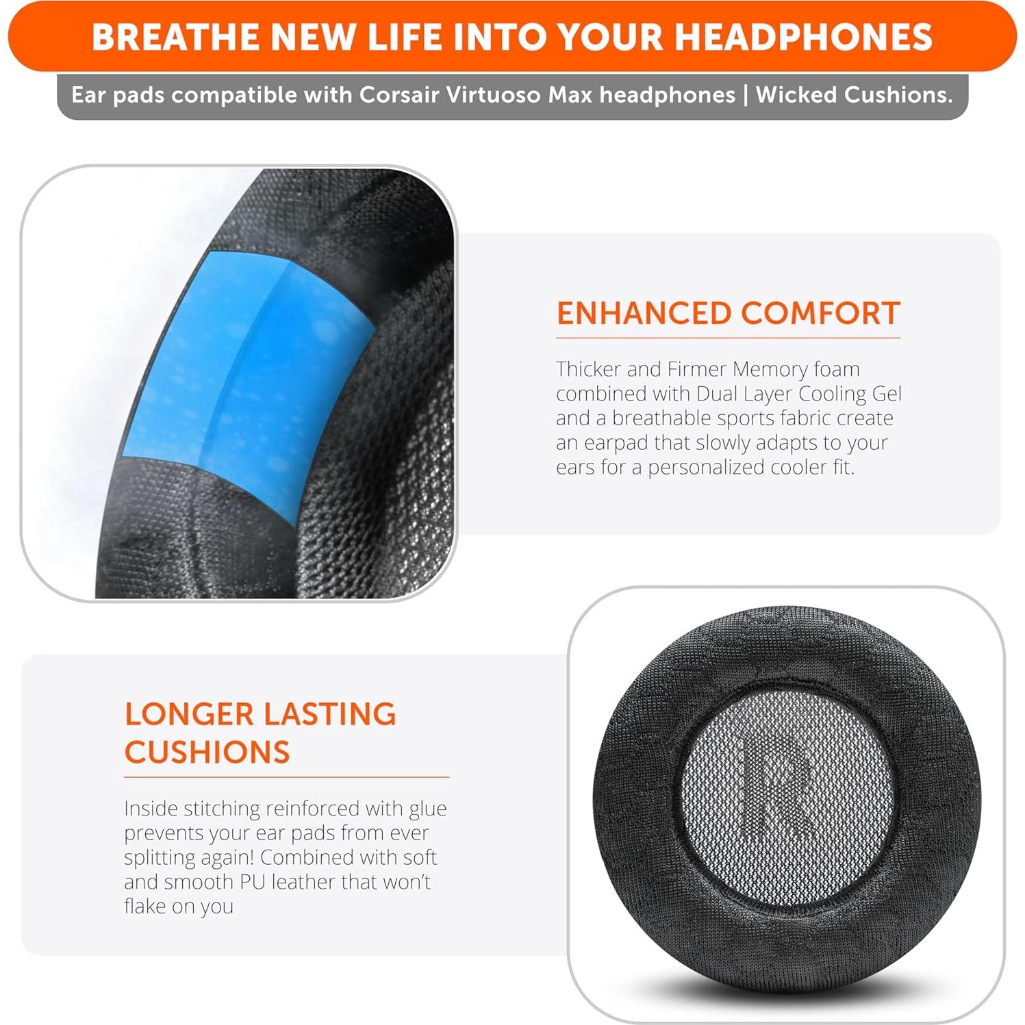 Almohadillas de Gel Refrigerante Wicked Cushions para Corsair Virtuoso Max - Negro