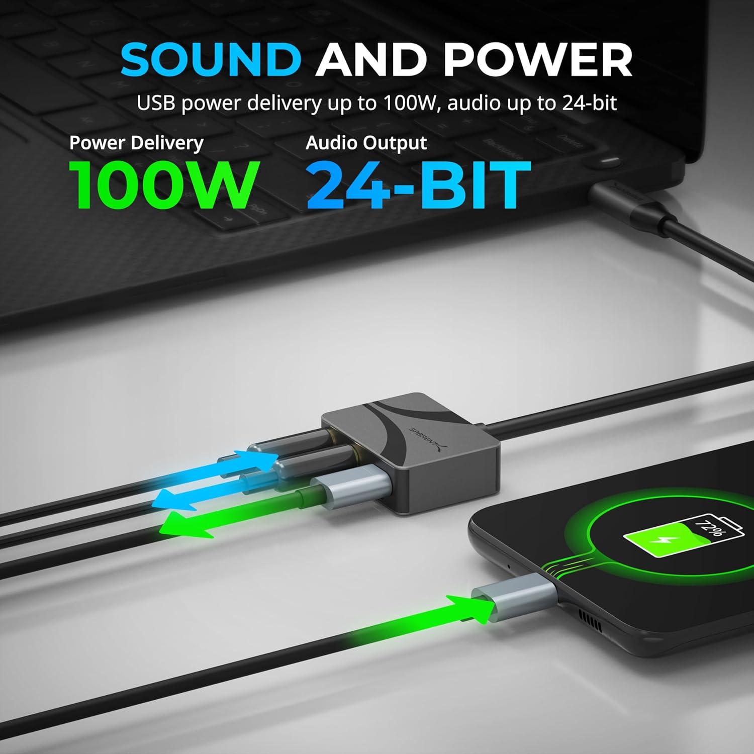 Adaptador de Audio USB-C a 3.5mm SABRENT 100W PD 24-bit 96KHz