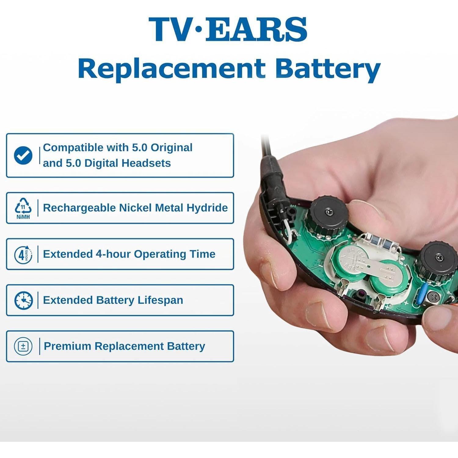 TV · EARS Replacement Battery Original & Digital Headsets - Reliable Power Source for Your Headsets, Rechargeable Long-Lasting Battery up to 4 Hours on a Full Charge, 1 Pack