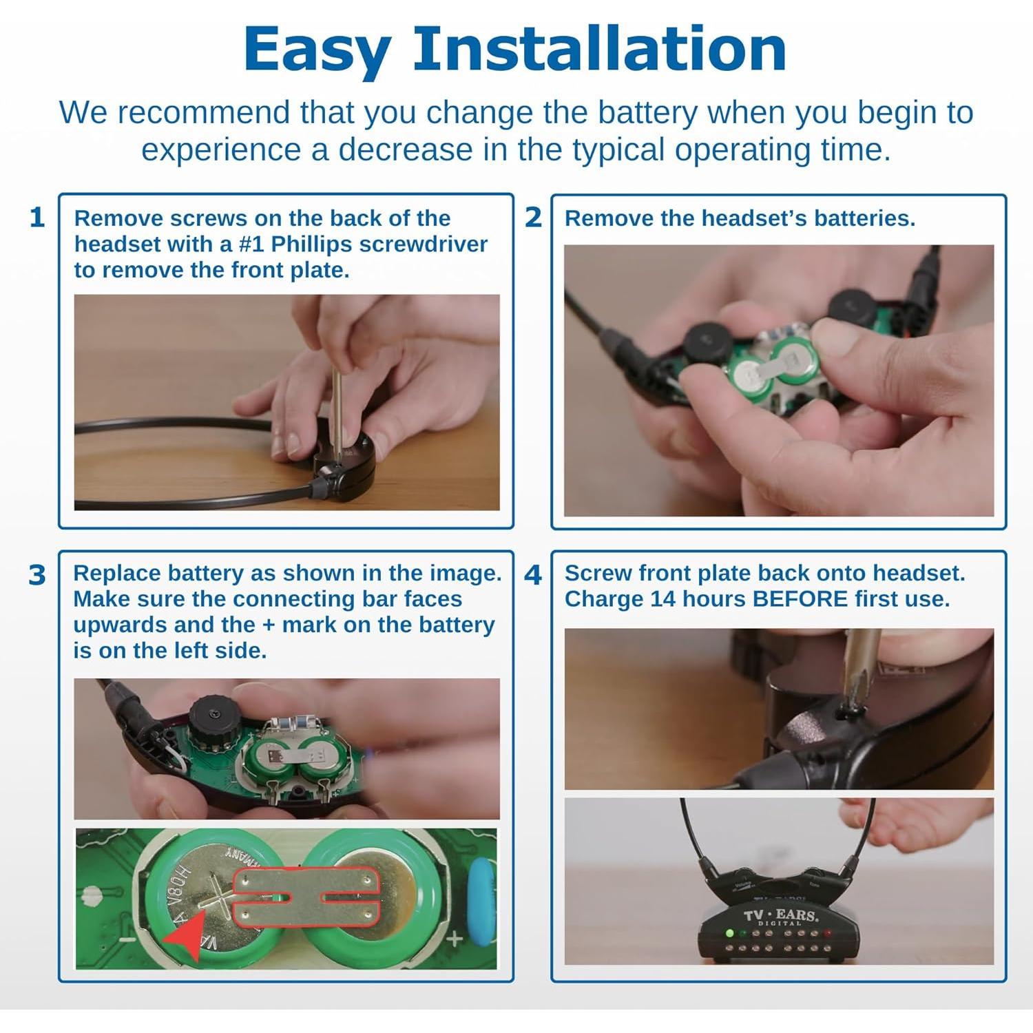 TV · EARS Replacement Battery Original & Digital Headsets - Reliable Power Source for Your Headsets, Rechargeable Long-Lasting Battery up to 4 Hours on a Full Charge, 1 Pack