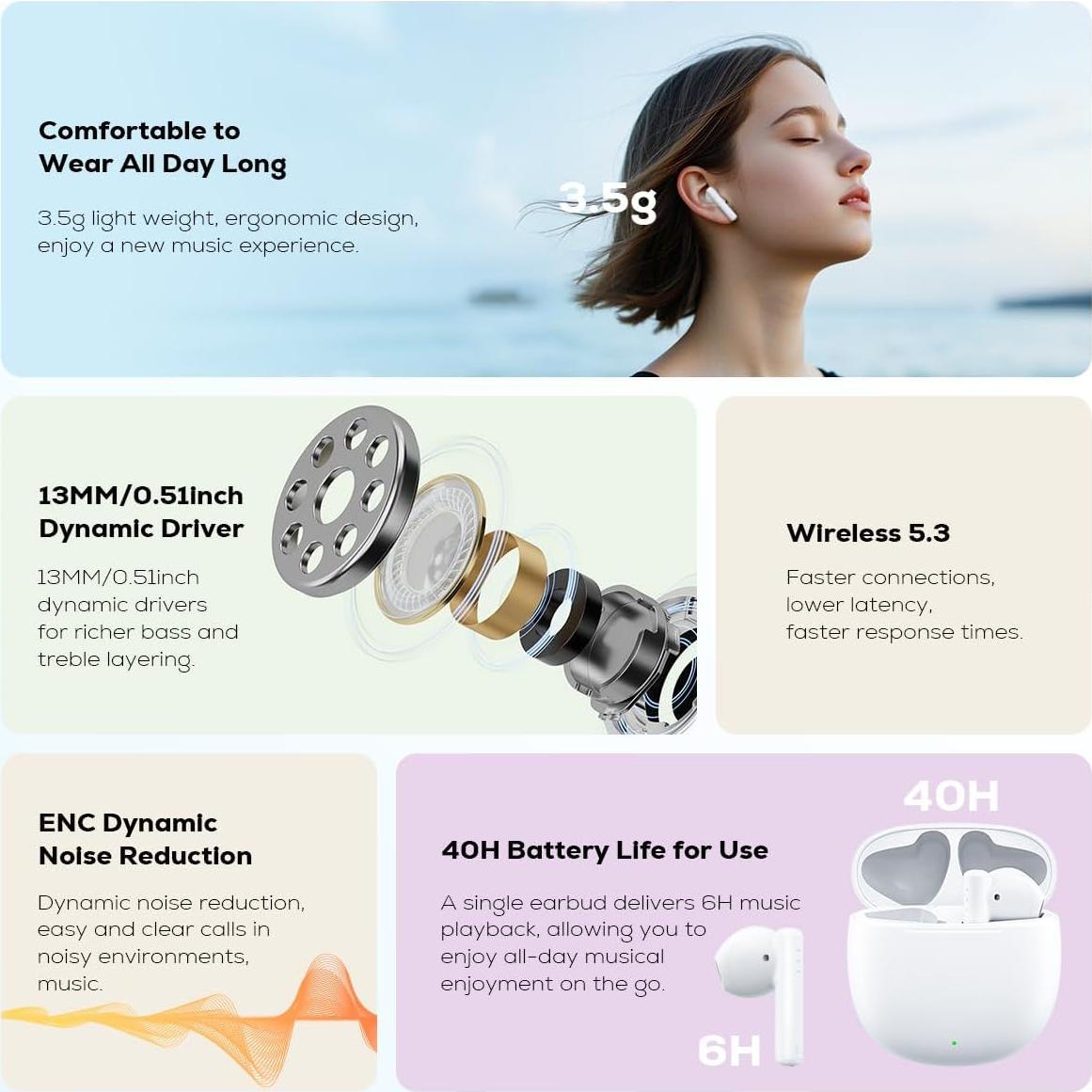 Auriculares Inalámbricos Nisheng JS51 - Bluetooth 5.3, 40h Batería, Cancelación Ruido