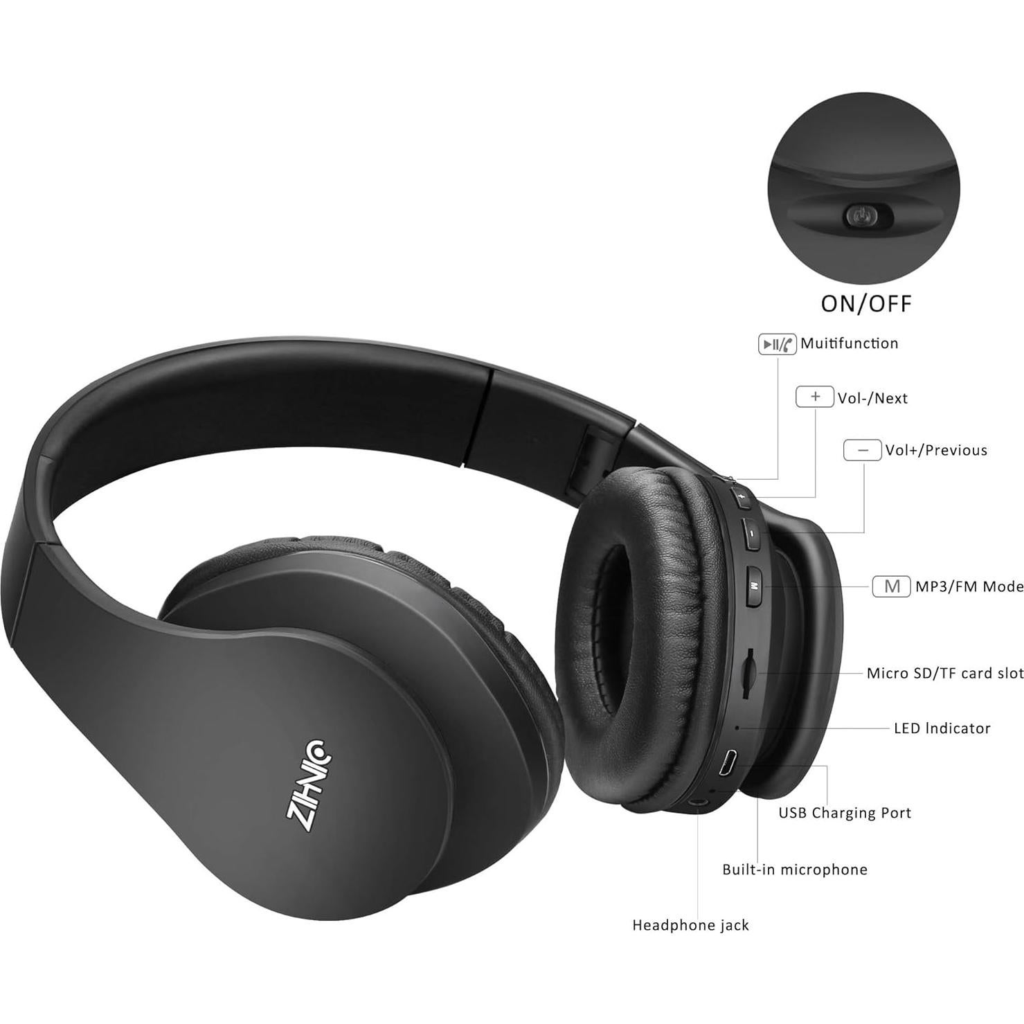 Auriculares Bluetooth ZIHNIC WH-816 Plegables Inalámbricos Negro