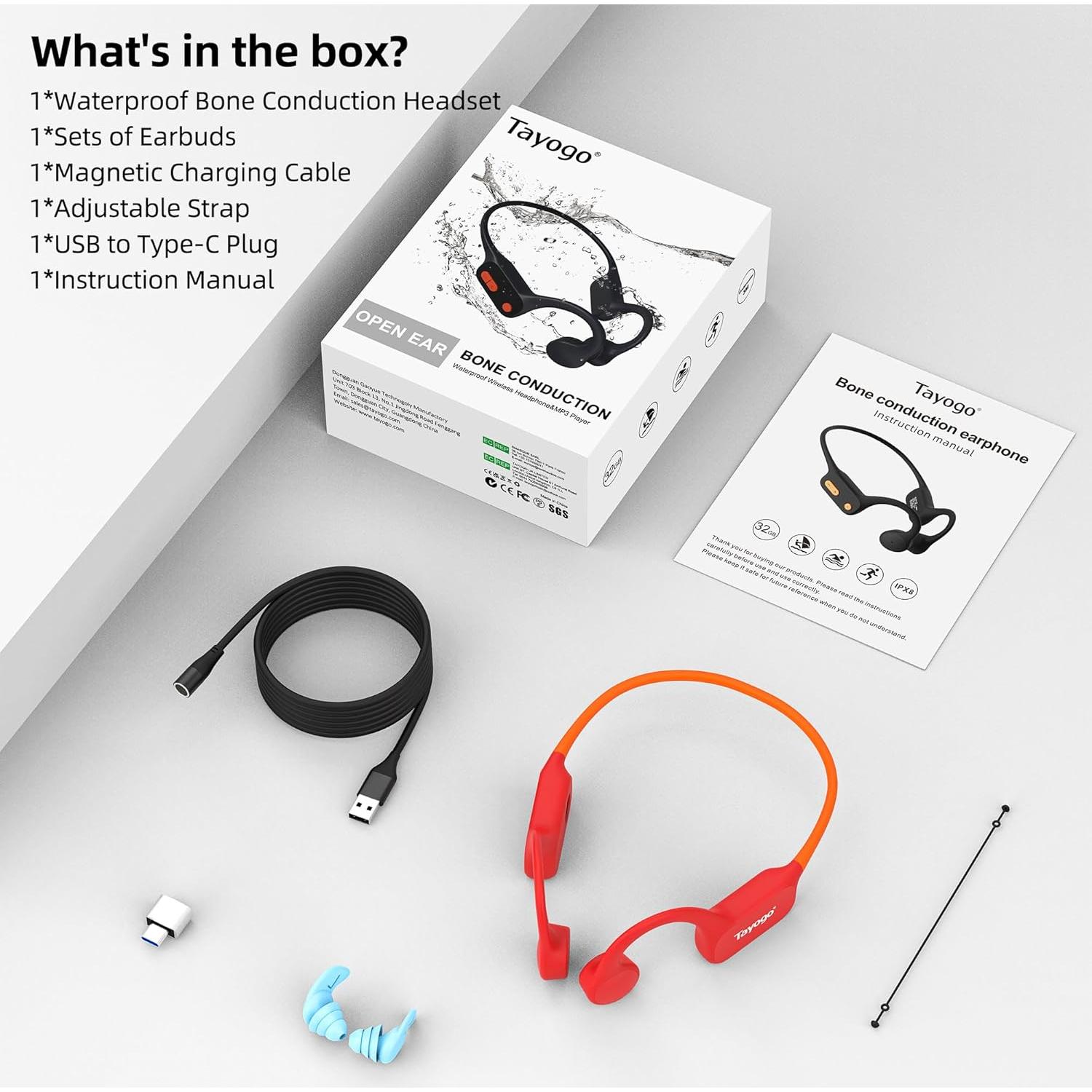 Auriculares de Natación Tayogo W22, Bluetooth 5.4, 32GB MP3