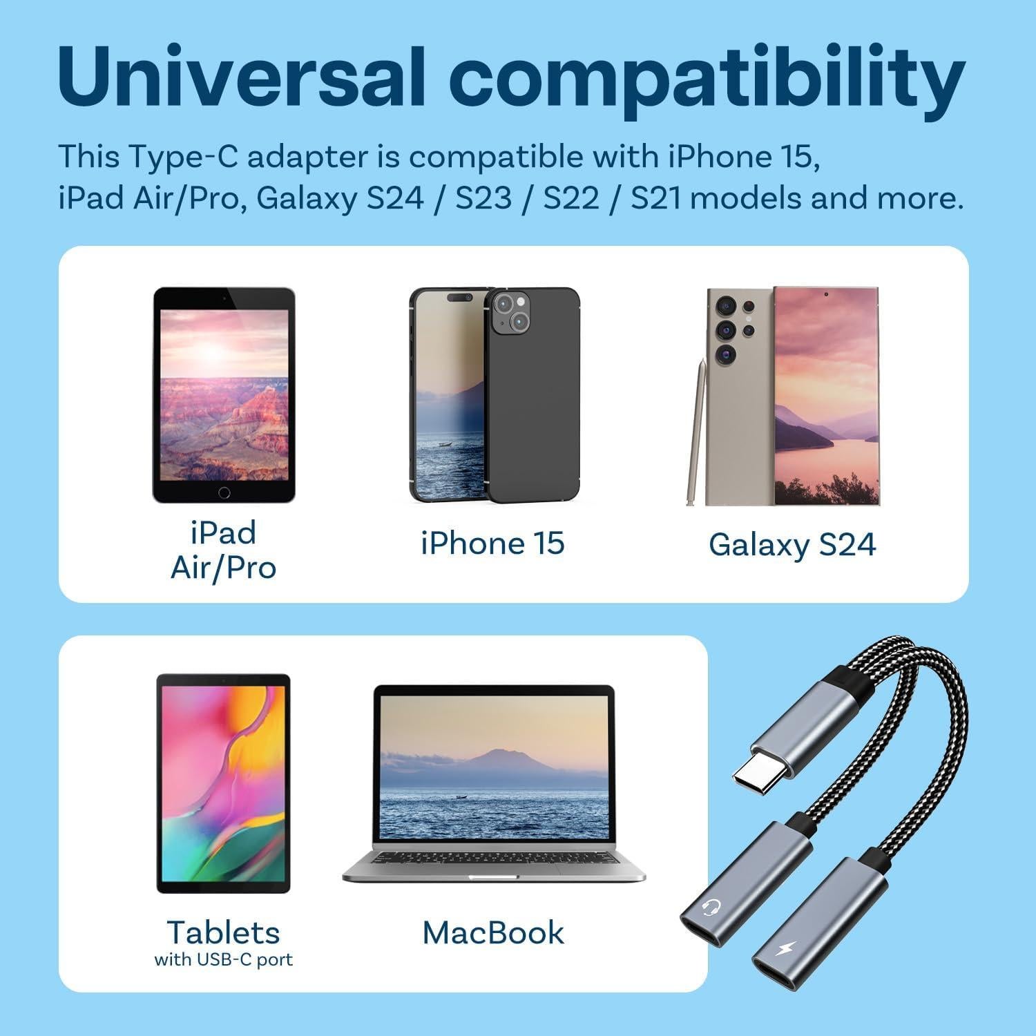 Divisor USB-C 2-en-1 MMOBIEL con Carga Rápida 60W y Audio 16-Bit