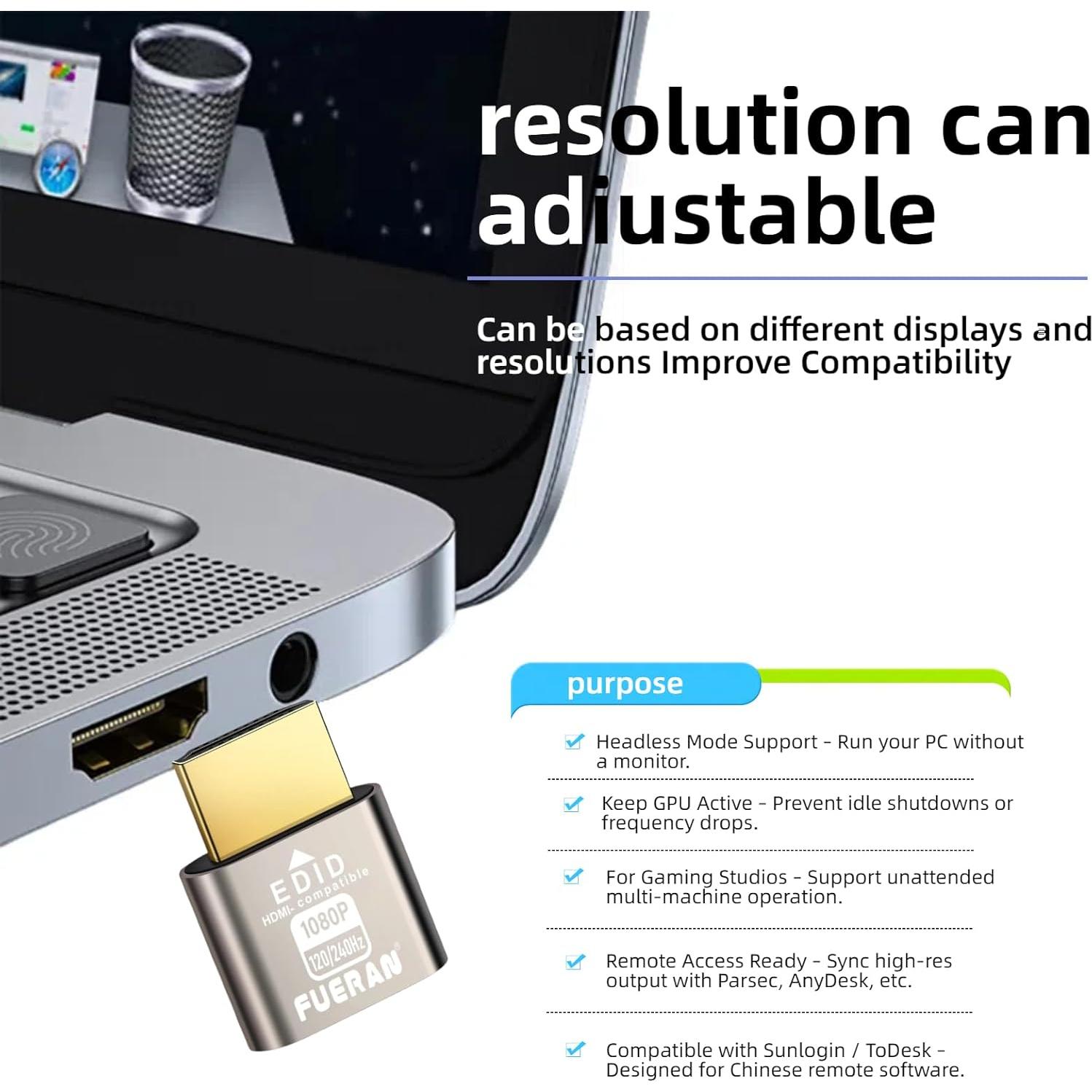 HDMI Dummy Plug 1080P 240Hz FUERAN - Emulador de Pantalla Virtual