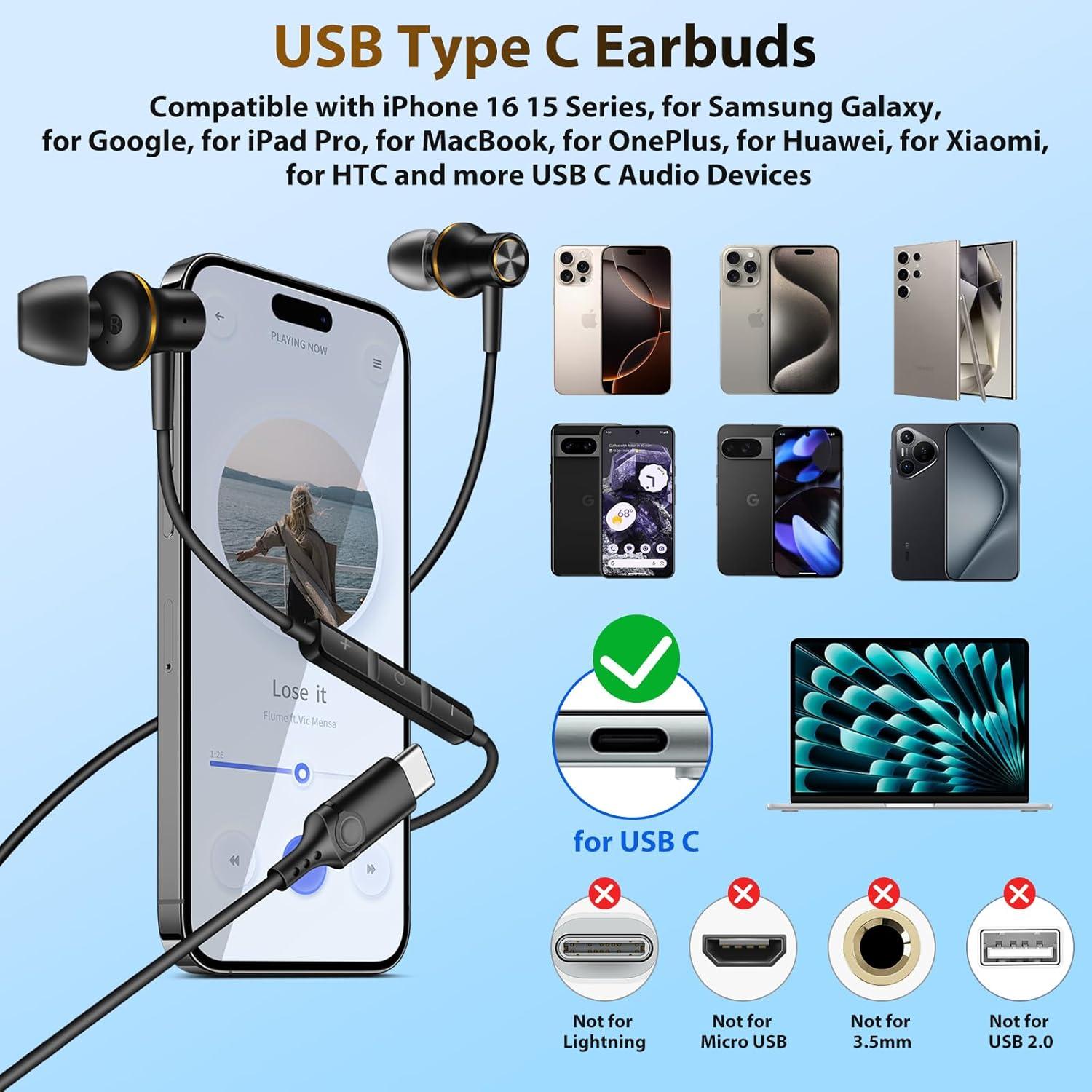 Auriculares USB C COOYA HiFi Estéreo In-Ear con Micrófono