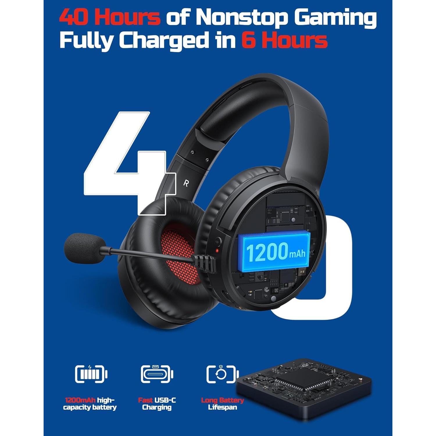 Auriculares Inalámbricos para Juegos BINNUNE BW02 7.1, 40h Batería