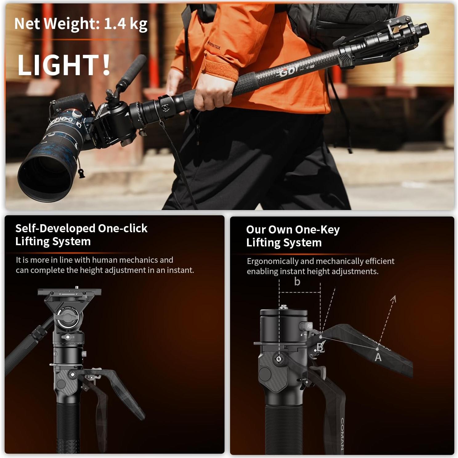 Monopod de Carbono COMAN M1ProV5 1.75m con Cabeza Hidráulica