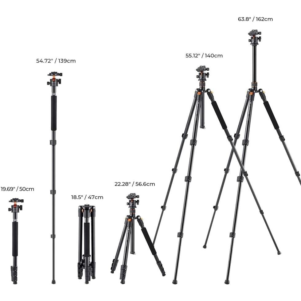 Trípode K&F CONCEPT 64"/162cm Aluminio con Cabezal de Bola 10kg