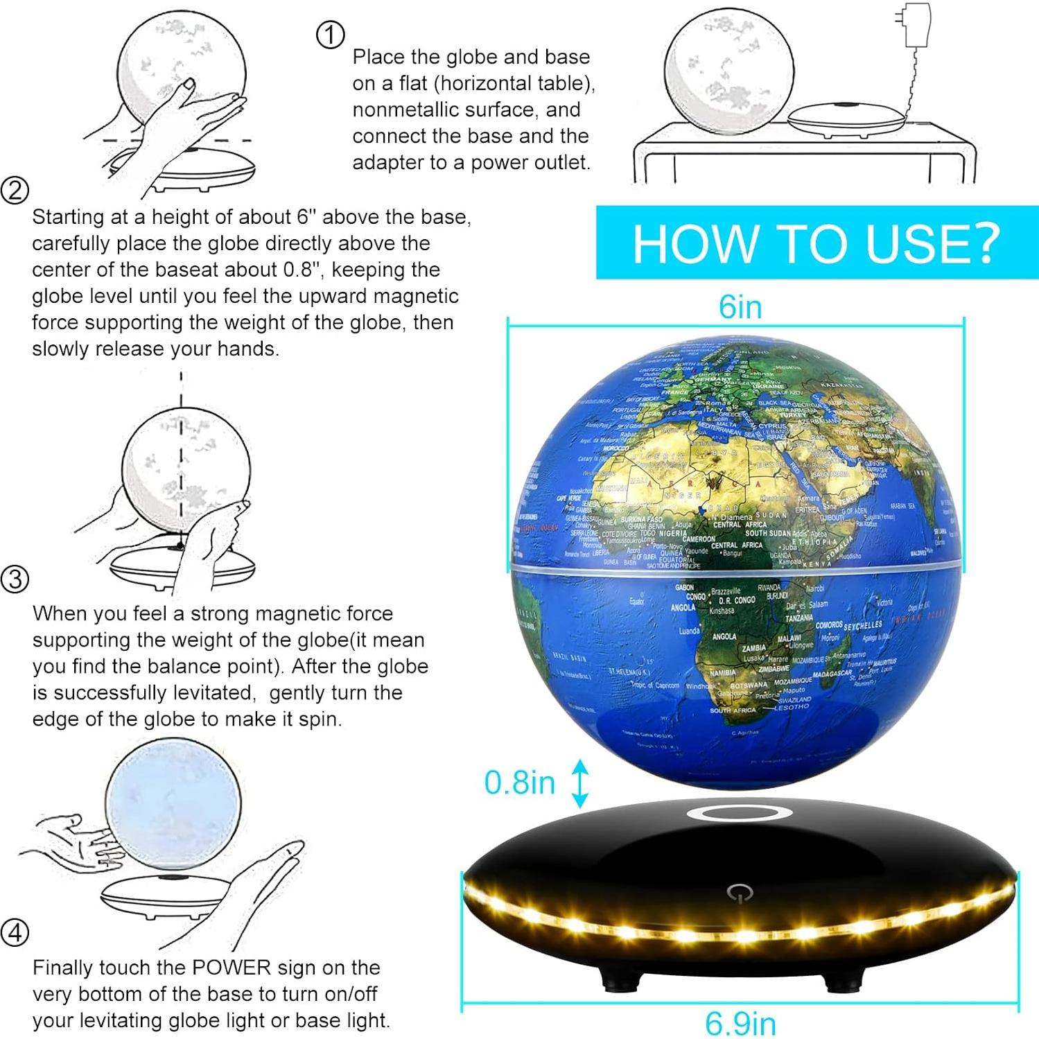 Globo Levitatante Magnético Mapa Mundial 15,24 cm LED