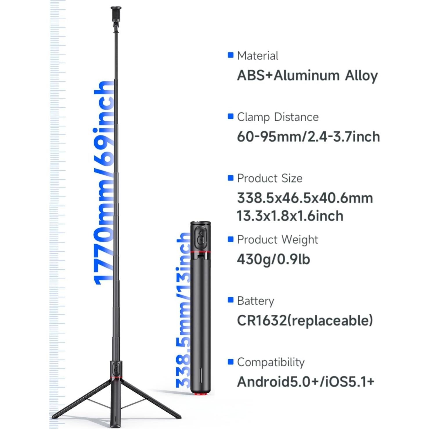 Palo de Selfie Magnético Automático 1.77m con Trípode y Control Remoto