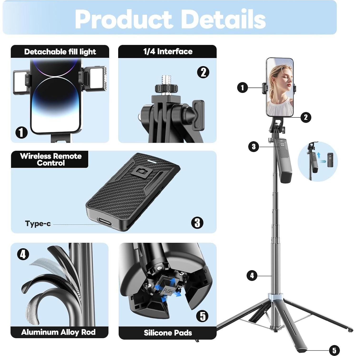 Trípode de Selfie LingoFoto P19 con Control Remoto y Luces LED
