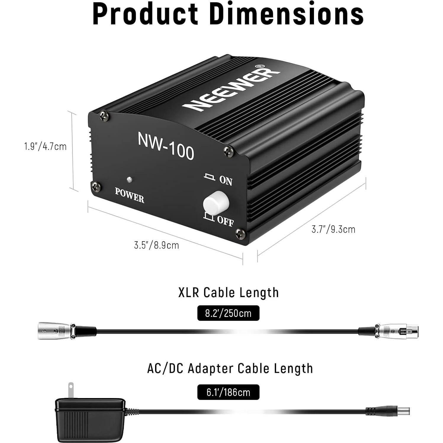 Fuente de Alimentación Phantom Neewer 48V con Cable XLR 2.44m