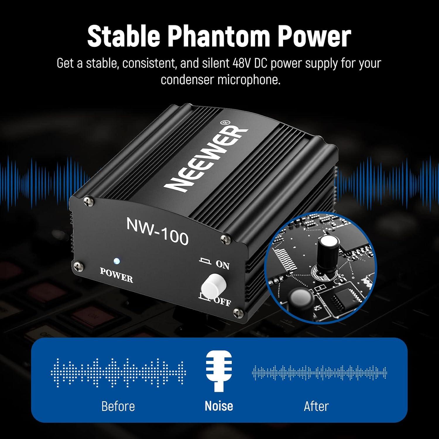 Fuente de Alimentación Phantom Neewer 48V con Cable XLR 2.44m