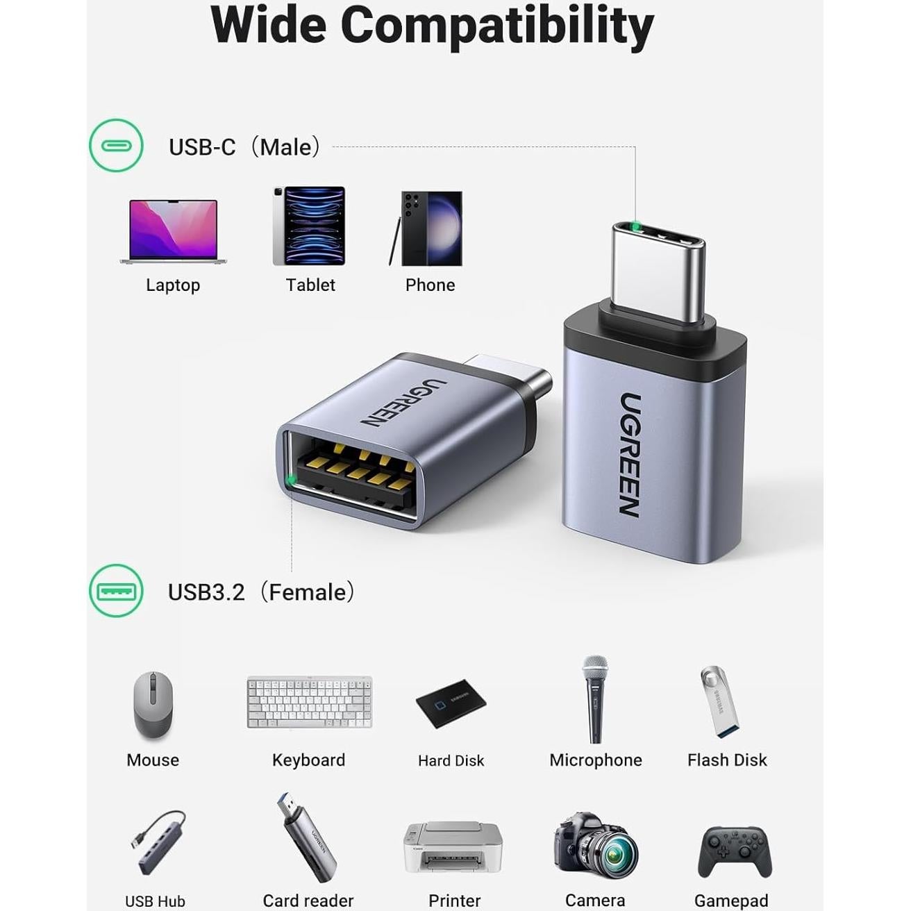 Adaptador USB a USB C UGREEN 10Gbps Gris 2 Pack