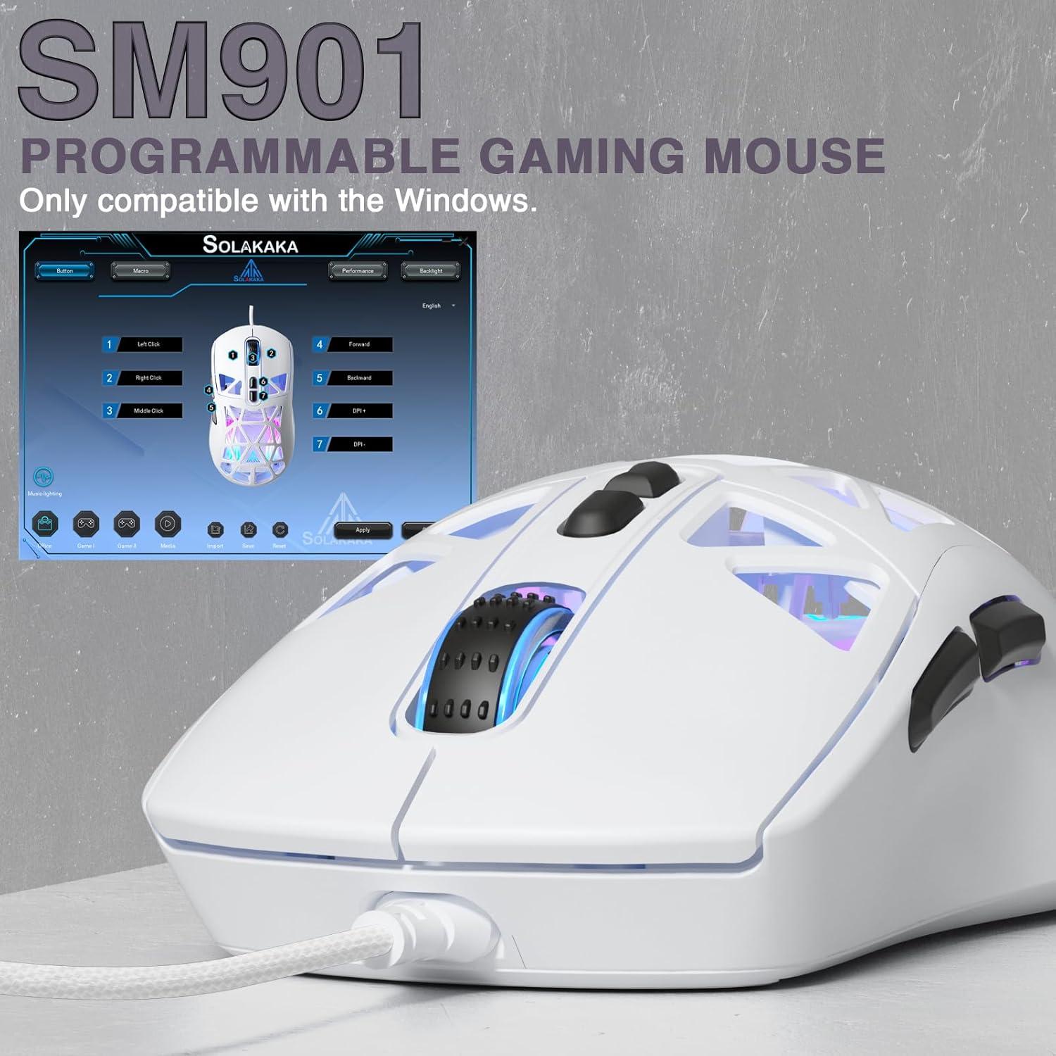 Ratón Gaming SOLAKAKA SM901 RGB 13800DPI Programable Blanco