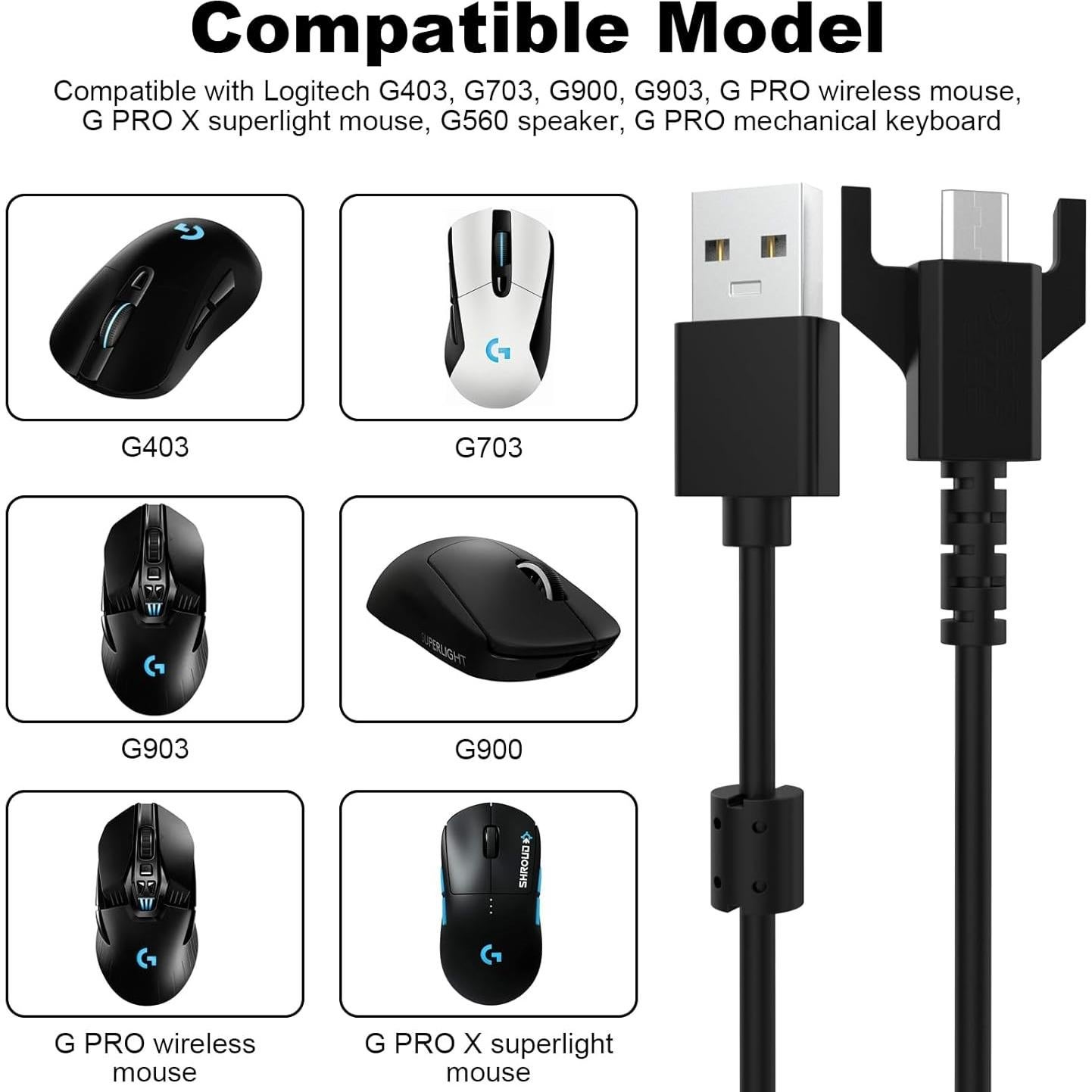 Cable de carga USB Micro para Logitech G403 G703 G900 1.8m