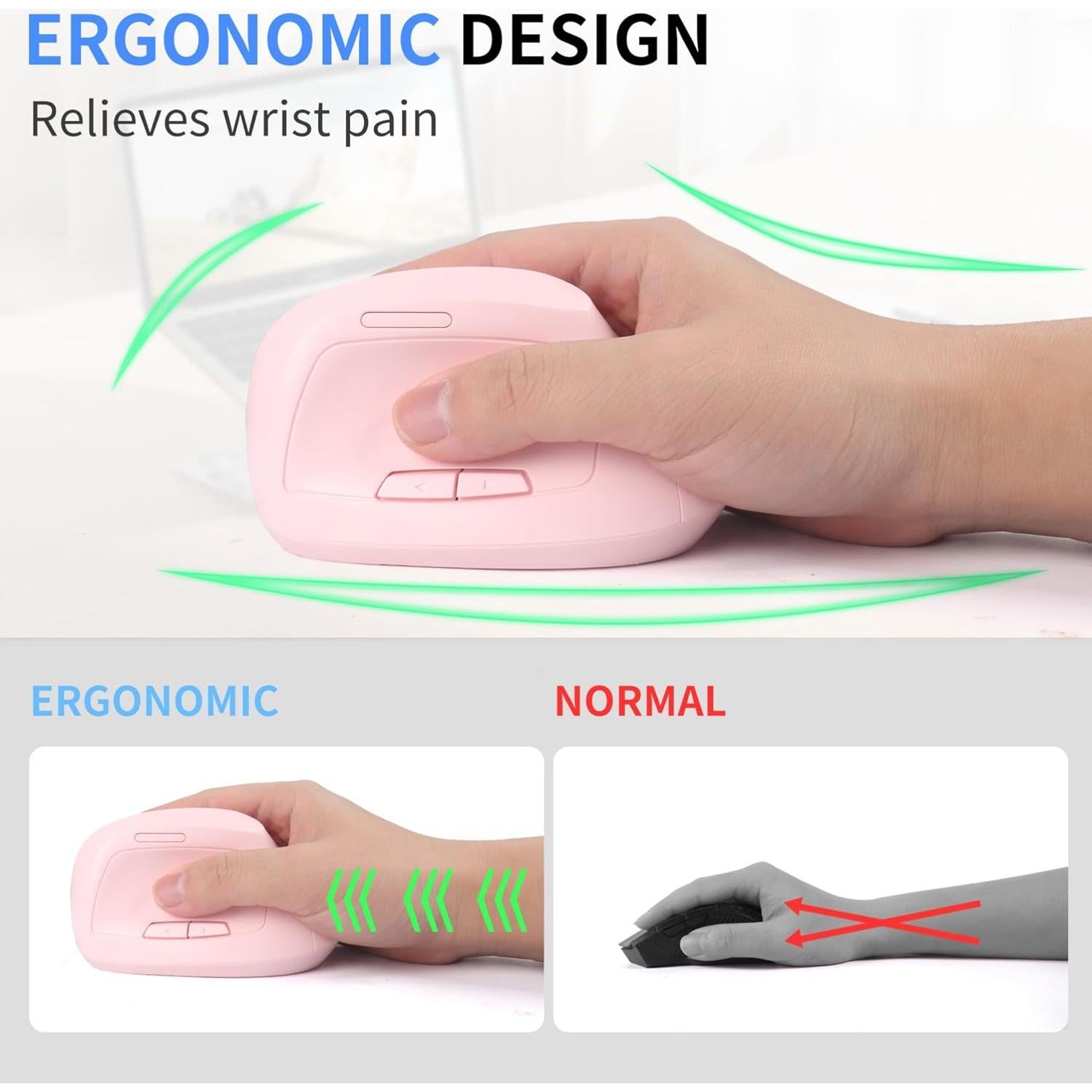 Ratón Vertical Ergonómico Inalámbrico Bluetooth Dtobhars 1600 DPI Rosa