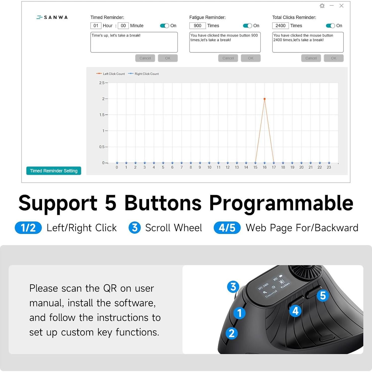 Ratón Vertical Ergonómico SANWA GMAERGWBT2-DP 800-2400 DPI