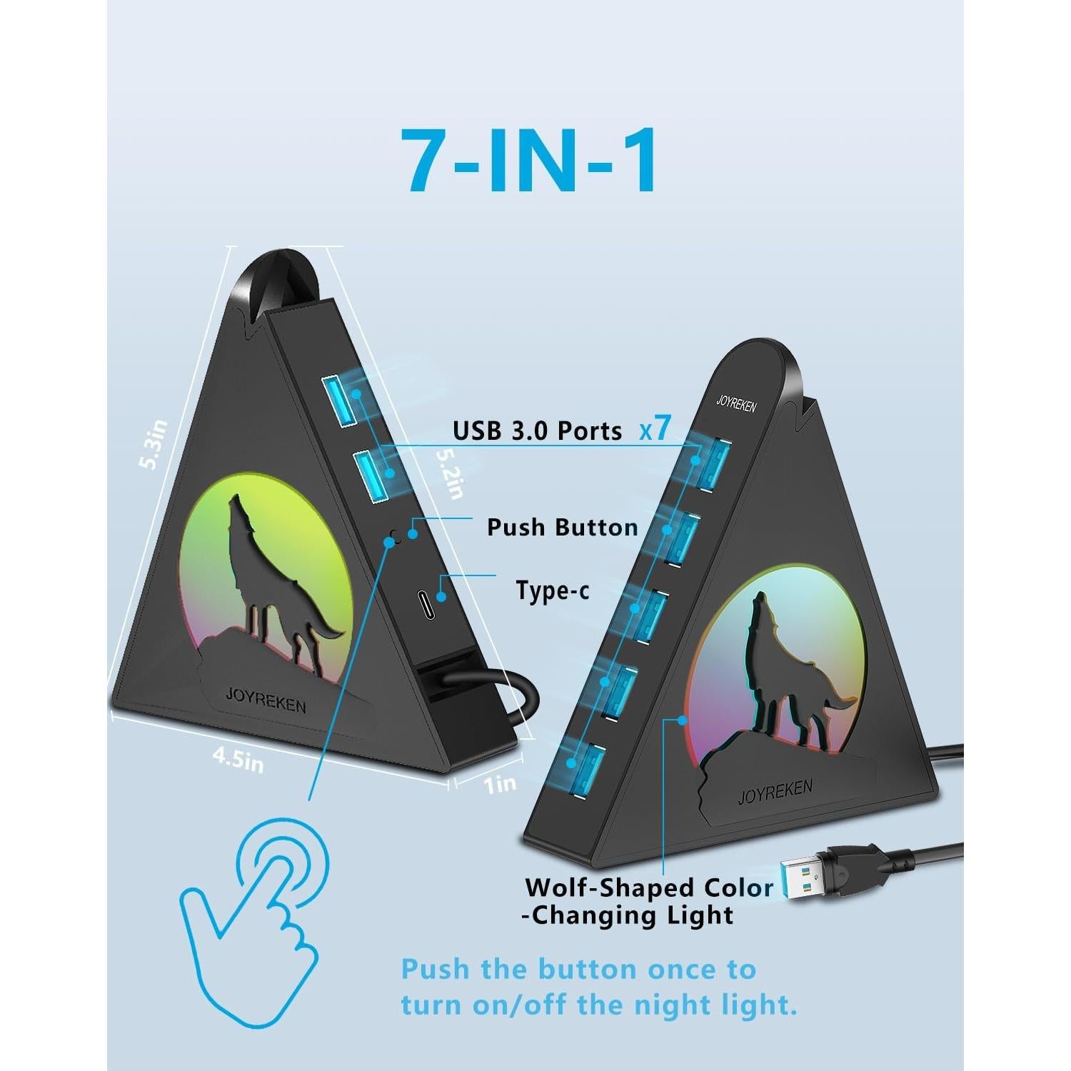 Hub USB 3.0 JoyReken de 7 Puertos con Luz RGB 0.61m