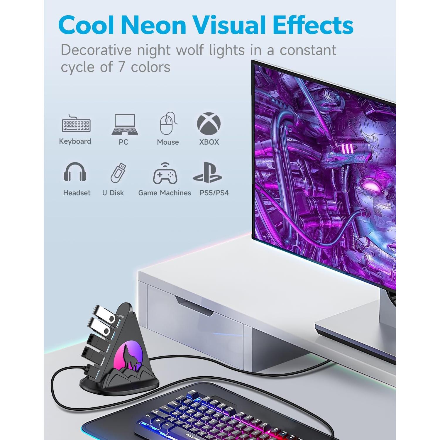 Hub USB 3.0 JoyReken de 7 Puertos con Luz RGB 0.61m