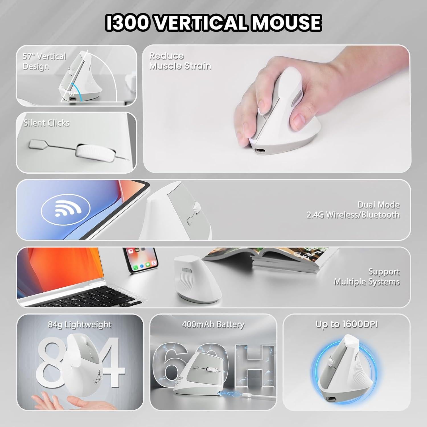 Ratón Inalámbrico A.JAZZ I300 Ergonómico Blanco 800/1200/1600 DPI