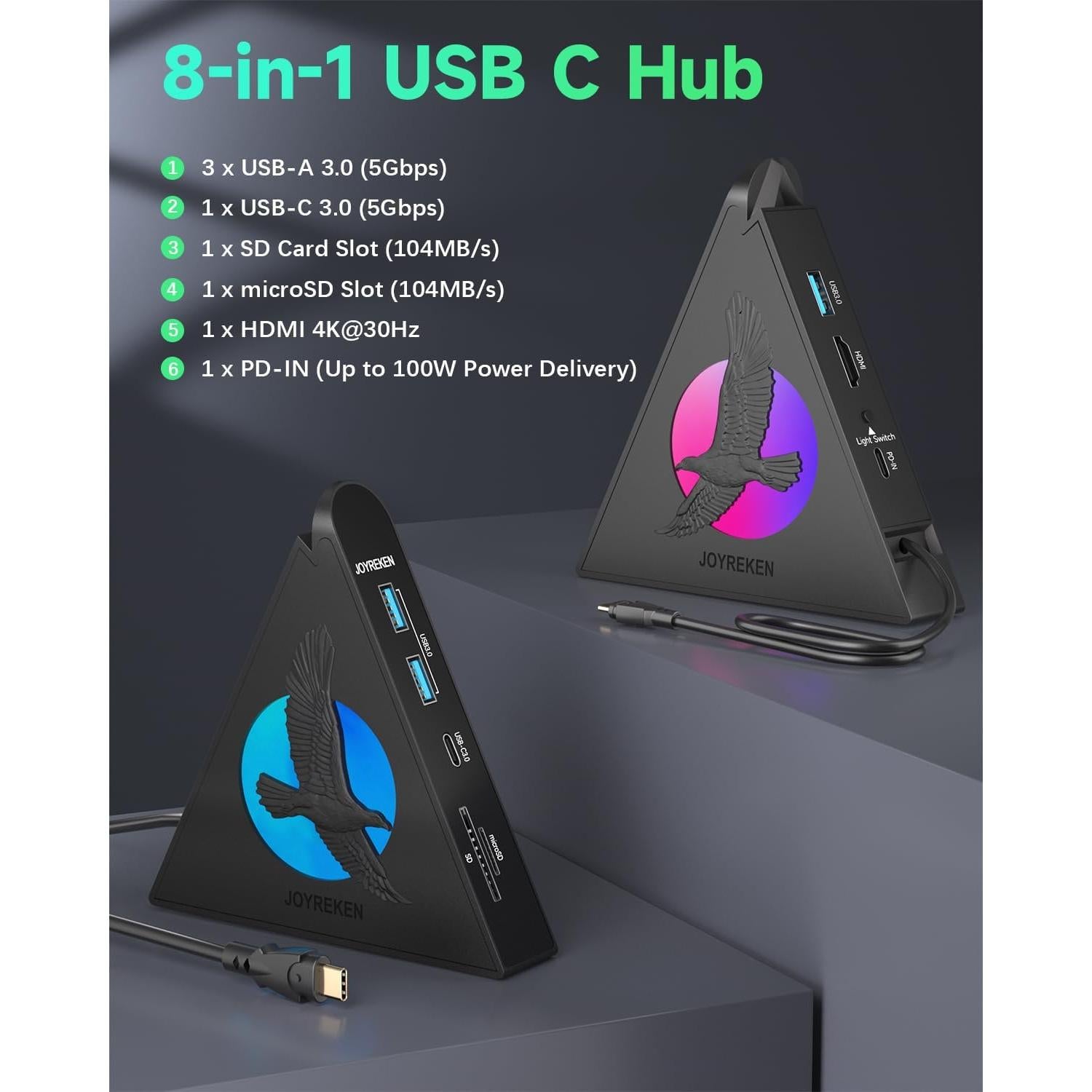 Hub USB-C 8-en-1 JoyReken con HDMI 4K, 100W PD, 5Gbps