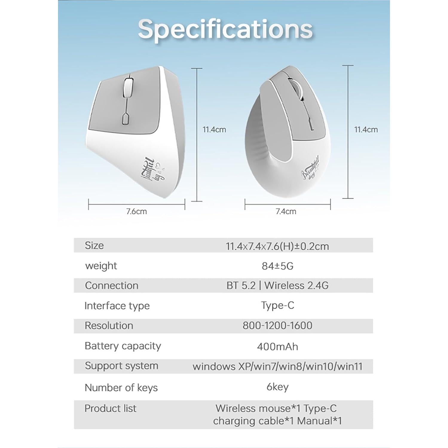 Ratón Inalámbrico Ergonómico Lomiluskr Blanco Recargable 2.4G/Bluetooth