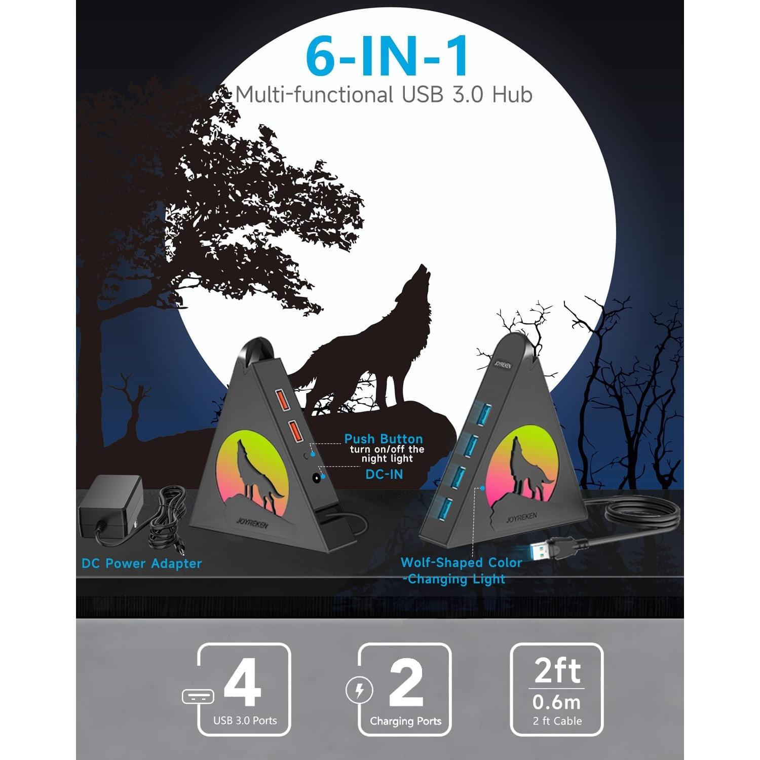 Hub USB 3.0 JoyReken de 6 Puertos con Carga Rápida y RGB