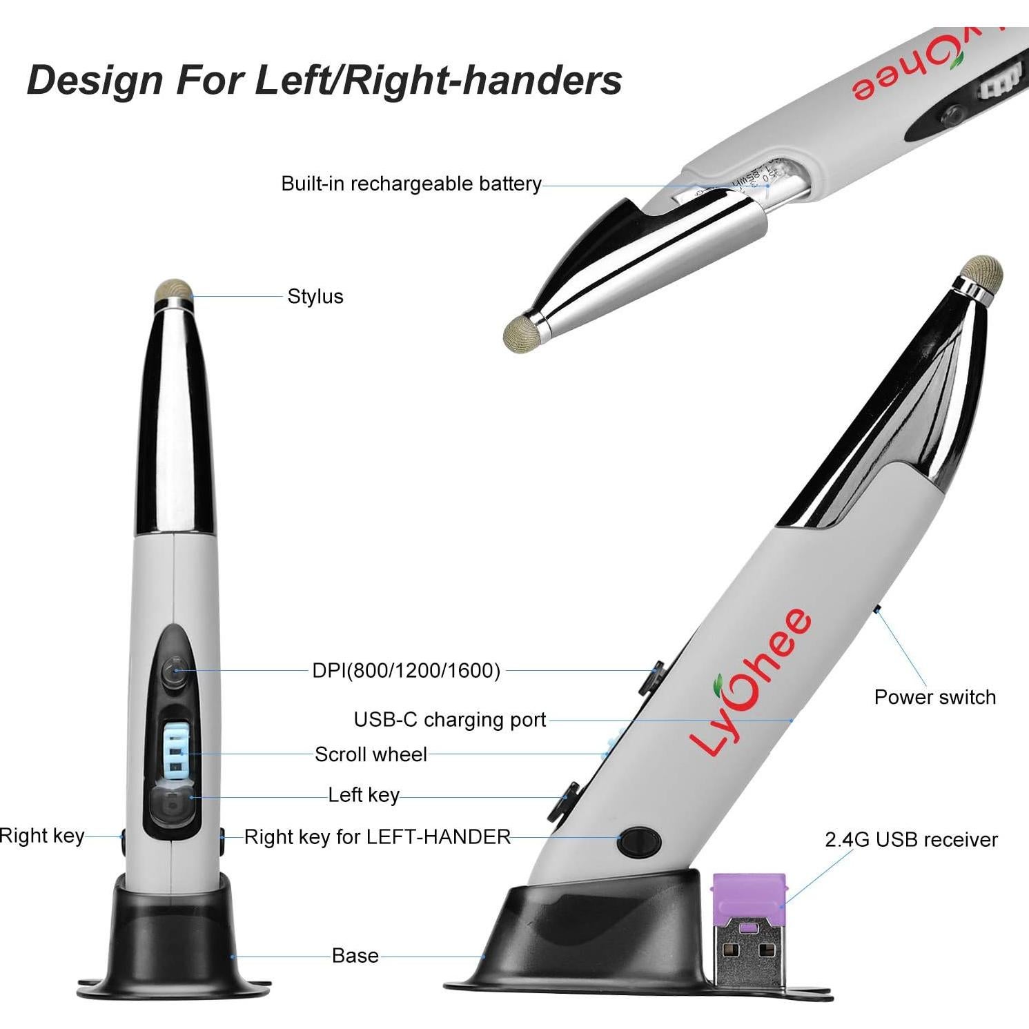 Ratón óptico ergonómico recargable Lychee gris con stylus